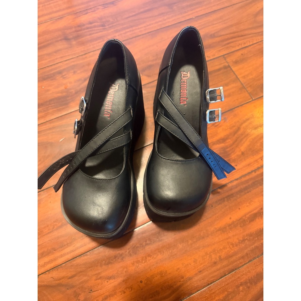 Demonia Kera-08 Black Vegan Leather Platform Mary Jane Wedge Shoes Womens 8